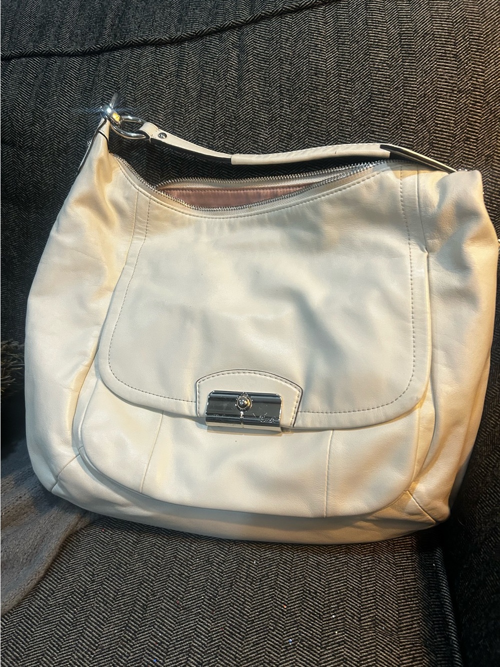 Coach White Leather Shoulder Bag with Front Flap and Silver Hardware